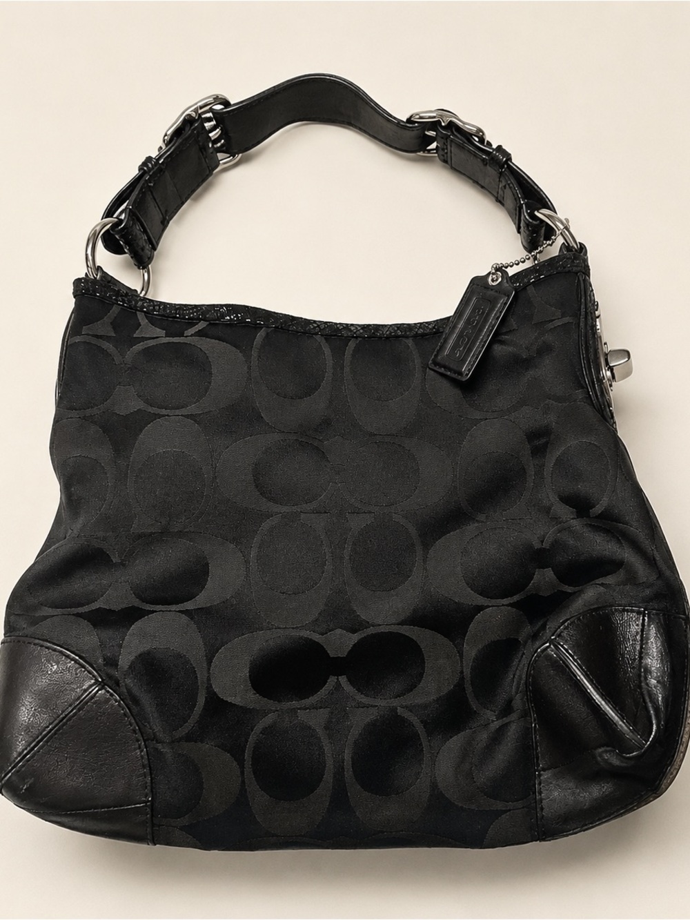 Coach Signature Black Jacquard Leather Hobo Shoulder Bag Turnlock Purse 10368